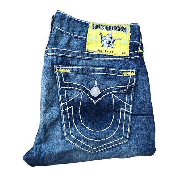 Vintage True Religion Jeans Size 36 RICKY SUPER T Yellow Stitch Blue - Picture 1 of 9